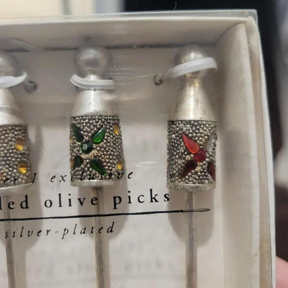Vtg Pier 1 Exclusive Jeweled Silver Plated Olive Picks Jeweled Fancy Heavy Duty